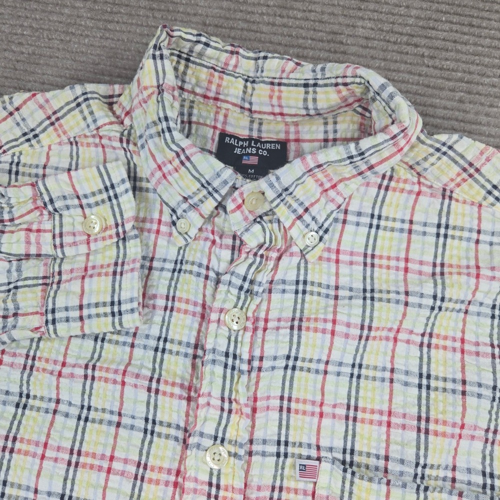 Ralph Lauren Jean Co. Mens M Multi Color Plaid LS Seersucker Button Down Shirt
